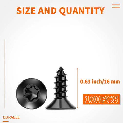 Number 8 X 5/8 Inch Black Coated Flat Head Torx Wood Screws 100 Pack showing size and quantity details.