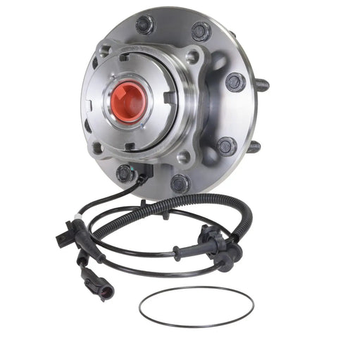 Front Wheel Bearing And Hub Assembly Direct Fit For 1999 To 2005 Ford Excursion with ABS sensor cable and bolts, front view.