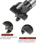 Close-up of Premium 18mm Forstner Drill Bit With Tungsten Carbide Tip and 8mm Shank, highlighting sharp spur and carbide material.