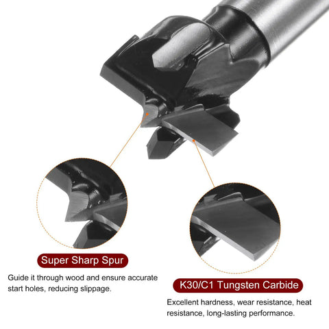 Close-up of Premium 18mm Forstner Drill Bit With Tungsten Carbide Tip and 8mm Shank, highlighting sharp spur and carbide material.