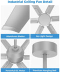 No Sweat 120 Inch HVLS Ceiling Fan For Shops And Gyms, showcasing aluminum blades and powerful DC motor.