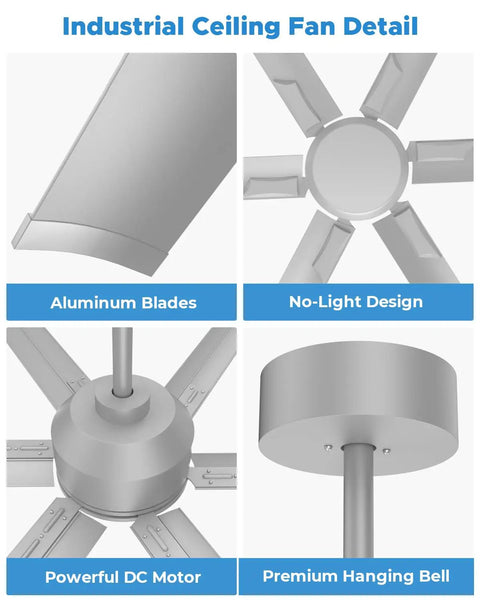 No Sweat 120 Inch HVLS Ceiling Fan For Shops And Gyms, showcasing aluminum blades and powerful DC motor.