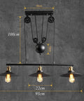 Top Tier Industrial Led Chandelier With Reliable Pulley Pendant Setup Modern Hanging Light Fixture For Family Room Or Entryway with dimensions shown.