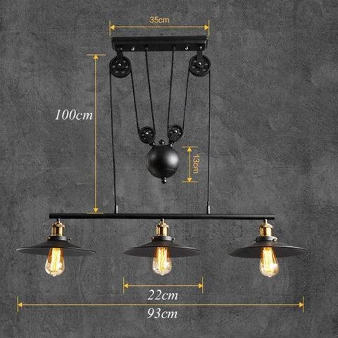 Top Tier Industrial Led Chandelier With Reliable Pulley Pendant Setup Modern Hanging Light Fixture For Family Room Or Entryway with dimensions shown.