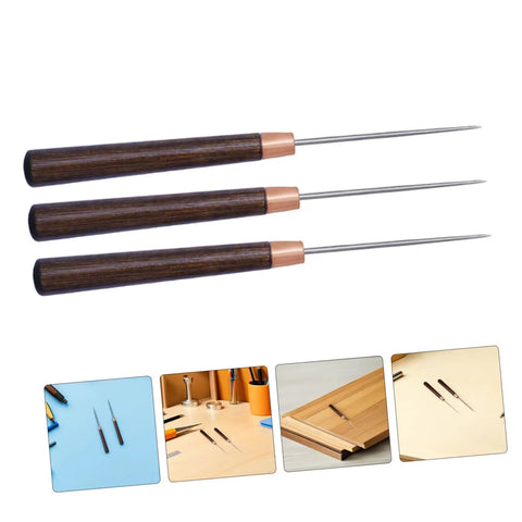 15 Piece Straight Cone Awl Set with Durable Wooden Handle for Leathercraft Sewing and Woodworking Hole Punch Projects includes three awls.