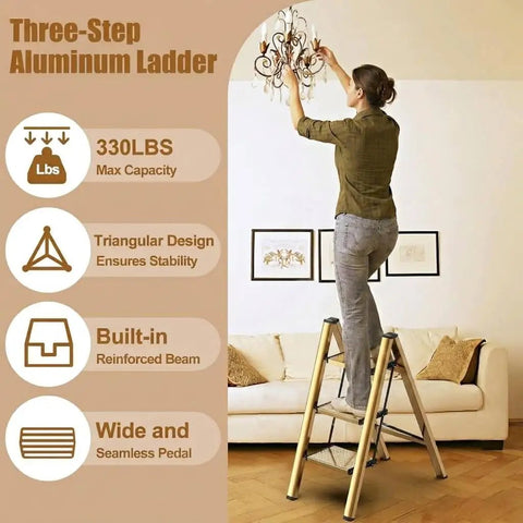 Foldable 3 Step Stool Ladder In Gold Aluminum For Kitchen And Closet Ultra Lightweight With 330 Lb Capacity Anti Slip Wide Pedals Portable For Kids And Adults No Assembly Required Space Saving Design Folded Thickness 1.9 Inches, woman standing on 3-step ladder in living room