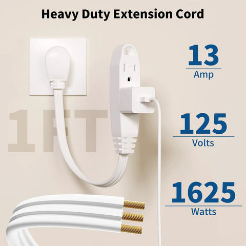 Ultra Handy 1-Foot 3-Outlet Extension Cord Two Pack Grounded Multi Outlet UL Listed 16/3 SPT-3 Cable plugged into wall
