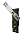 Straight Shooter Nine In One Measuring And Marking Tool Featuring Dual Levels Sliding Bevel Depth Gauge with brass knob and level.