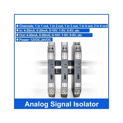 Straight Up Heavy Duty Signal Conditioner Isolator 220V Power Supply Converter 1-5V Input 0-10V Output 4-20MA 1 To 4 Channel image showing multiple signal isolators on a rail.
