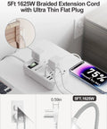 6 USB Travel Power Strip Surge Protector 4 AC Outlets 5 Ft Extension Cord Fast Charging Hub with braided cord and flat plug.
