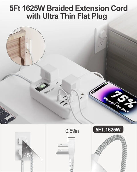 6 USB Travel Power Strip Surge Protector 4 AC Outlets 5 Ft Extension Cord Fast Charging Hub with braided cord and flat plug.