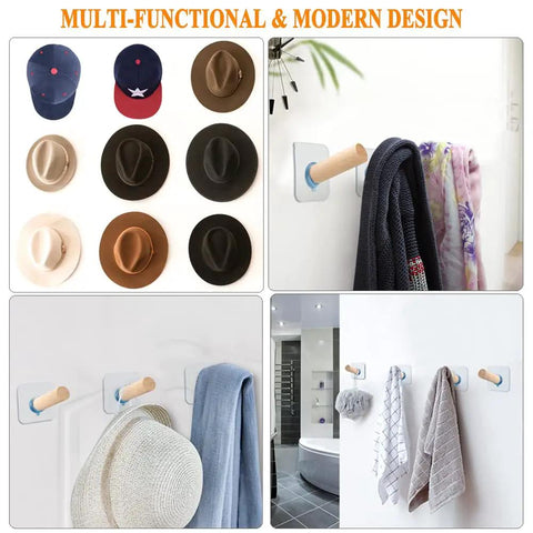 Adhesive Hat Hooks Set 10 Lb Capacity Wall Rack For Baseball Caps Snapbacks Visors Cowboy Hats And More With Extended Wooden Pegs Perfect For Closets Doors And Entryways 8 Pack displayed with hats and towels.