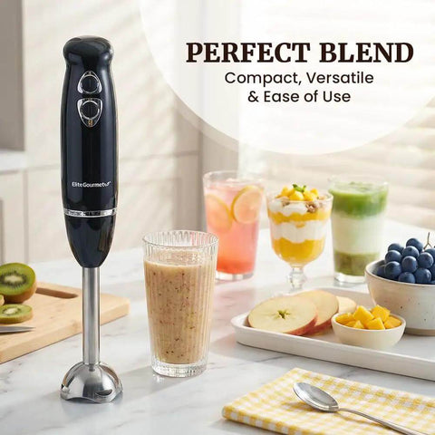 Boost Your Meal Prep Hustle With This Badass 500W Immersion Hand Blender Rocking Two Slick Speeds And A Matte Black Grip That Purees Soups Blends Shakes And Mixes Batters Like A Champ For Stress Free Kitchen Chores Every Single Time in a kitchen setting with smoothies and fruits.