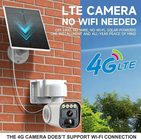 4G LTE Solar Security Camera Wireless Outdoor With Built In SIM Card IP65 Rated mounted on a brick wall with solar panel.
