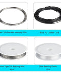 All In One Jewelry Making Kit With Fifteen Jewelry Findings; silver bracelet memory wire, black leather cord, beading wire, elastic