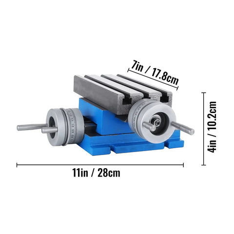 Precision Milling Cross Slide Table For Milling Machines, 7.3 By 4 Inch Work Surface with dimensions, heavy duty cross table in blue