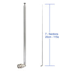 Police Radio Scanner Antenna 20MHz To 1300MHz Telescopic 7 Section BNC Male fully extended and collapsed next to dimensions.