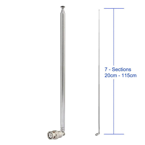 Police Radio Scanner Antenna 20MHz To 1300MHz Telescopic 7 Section BNC Male fully extended and collapsed next to dimensions.