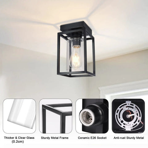 Matte Black Semi Flush Mount Ceiling Light Fixture With Clear Glass Shade Farmhouse Style Ceiling Lighting For Kitchen Hallway Porch Entryway Dining Room And Foyer E26 Bulb Socket Compatible And Easy To Install