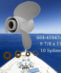 9.875 X 11 Pitch Aluminum Propeller For Yamaha Outboard 20 To 30 HP RH 10 Spline With Hub Nut Kit over ocean background