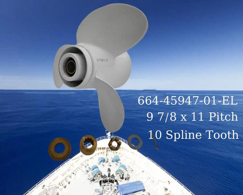 9.875 X 11 Pitch Aluminum Propeller For Yamaha Outboard 20 To 30 HP RH 10 Spline With Hub Nut Kit over ocean background