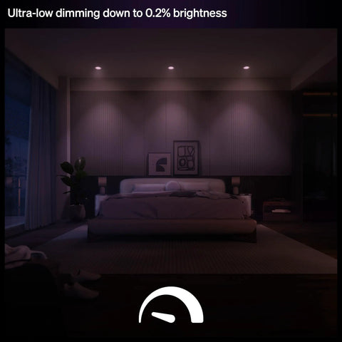 Top Shelf Smart Recessed Led Ceiling Light With Sleek Slim Downlight, dimming in a modern bedroom setting for ambient glow.