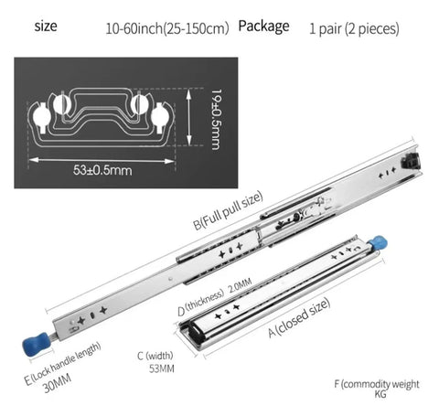 Full Extension Ball Bearing Locking Drawer Slides With Side Mount Installation Built In Locking To Fix Position Beefy Heavy Duty Support Up To 250 Lbs Lengths From 10 To 60 Inches Smooth Glide No Lock Color Multiple Sizes, 10-60 in, steel, side view