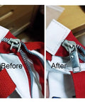 Before and after view of Heavy Duty Luggage Zipper Pulls Replacement Four Pack Universal Zipper Pulls for Backpacks, Suitcases and Bags.