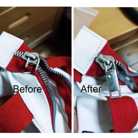 Before and after view of Heavy Duty Luggage Zipper Pulls Replacement Four Pack Universal Zipper Pulls for Backpacks, Suitcases and Bags.
