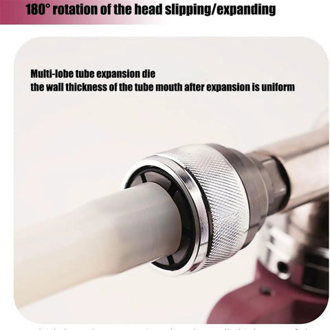 Pex Expansion Tool Kit With 16 To 32mm Expander Heads, close-up of expansion head with aluminum plastic tube in hard case