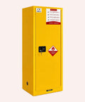 Rock Solid Shop Ready 60 Gallon Steel Flammable Liquid Safety Cabinet With Spill Sump Adjustable Shelves And Grounding Wire For Auto Garages And Job Sites, yellow cabinet with warning labels.