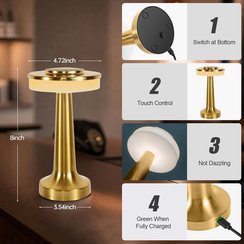 Cordless Desk Lamp With USB Charging, portable LED light with gold finish, 8-inch, touch control, sensor, rechargeable