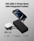 Heavy Duty 10K Portable Charger Power Bank With Integrated Usb C And Lightning Cables To Keep Your Phone Fully Juiced Using Rapid 23W Fast Charging Road Trip Essential, charging a phone and earbuds.