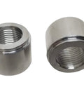 Pair Of Heavy Duty 3/8 Inch NPT Female Weld On Bung Fittings For Fuel Cells Oil Pans Radiators Solid 6061 Aluminum Raw Finish Built Tough As Nails Made In Usa - showing two fittings with threaded interior.