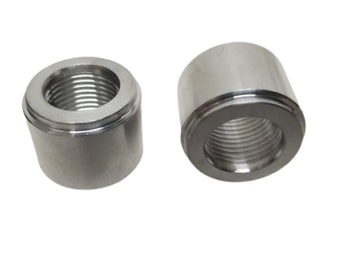 Pair Of Heavy Duty 3/8 Inch NPT Female Weld On Bung Fittings For Fuel Cells Oil Pans Radiators Solid 6061 Aluminum Raw Finish Built Tough As Nails Made In Usa - showing two fittings with threaded interior.