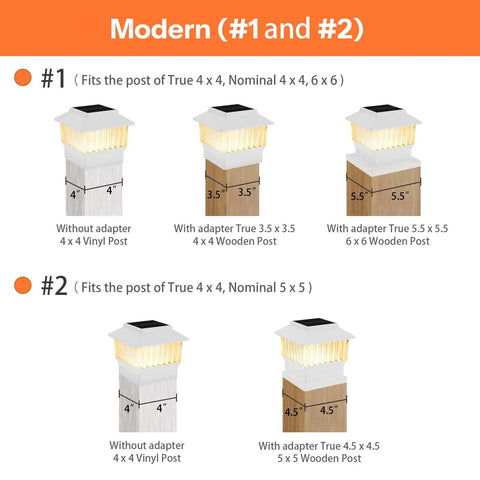Diagram showing 6 Pack Solar Post Cap Lights For 4x4 Vinyl And 4x4 To 6x6 Wood Posts setup options with adapters.