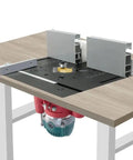 Rock Solid Router Table Lift System With Smooth One Point Eight Inch Travel Premium Aluminum And Stainless Steel Mounting Plate Upgrade For Woodworking Router Bases Black And Red Kit mounted on a wooden workbench.