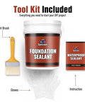Rock-Solid Heavy-Duty Foundation Sealant Workhorse And Rubber Silicone Waterproof Sealant For Basement Leak Repair And Shower Liners Planter Boxes Coating Indoor Outdoor Black 5 Gallon Tub with paint brush, gloves, and instruction manual.