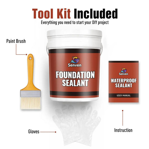 Rock-Solid Heavy-Duty Foundation Sealant Workhorse And Rubber Silicone Waterproof Sealant For Basement Leak Repair And Shower Liners Planter Boxes Coating Indoor Outdoor Black 5 Gallon Tub with paint brush, gloves, and instruction manual.
