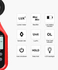 Pro Grade Light Meter For Photographers And DIYers, Digital Illuminance Meter With A Backlit LCD, Fast 0.5 Second Sampling, Reads Lux Or FC From Zero To 199,900 Lux And Up To 18,500 FC, Compact And Easy To Use, red handheld unit with feature icons