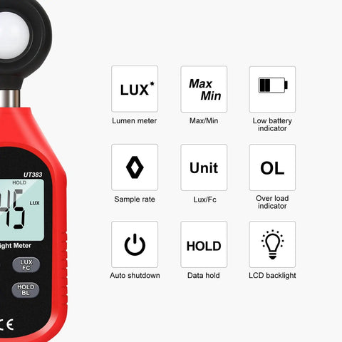 Pro Grade Light Meter For Photographers And DIYers, Digital Illuminance Meter With A Backlit LCD, Fast 0.5 Second Sampling, Reads Lux Or FC From Zero To 199,900 Lux And Up To 18,500 FC, Compact And Easy To Use, red handheld unit with feature icons