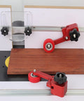 Dang Tough Bearing Roller Featherboards Precision Stock Guides Feed Steady On Table Saw Router And Band Saw Top Shelf Aluminum Woodworking Safety Accessory In Bold Red on woodworking setup with wood piece.