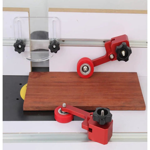 Dang Tough Bearing Roller Featherboards Precision Stock Guides Feed Steady On Table Saw Router And Band Saw Top Shelf Aluminum Woodworking Safety Accessory In Bold Red on woodworking setup with wood piece.