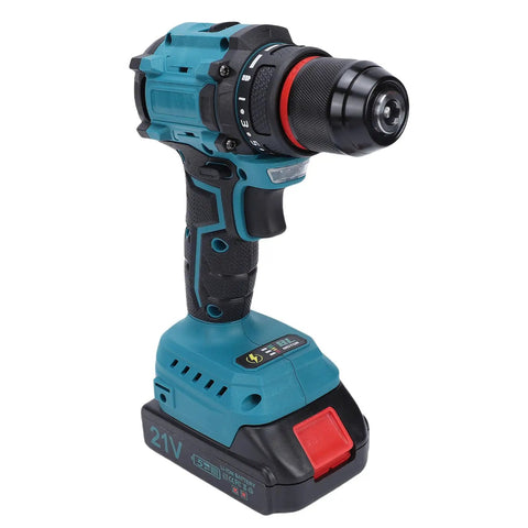 Beefy Cordless Drill Featuring Brushless 20 Volt Motor And 3/8 Inch Keyless Metal Chuck with battery and grip detail.