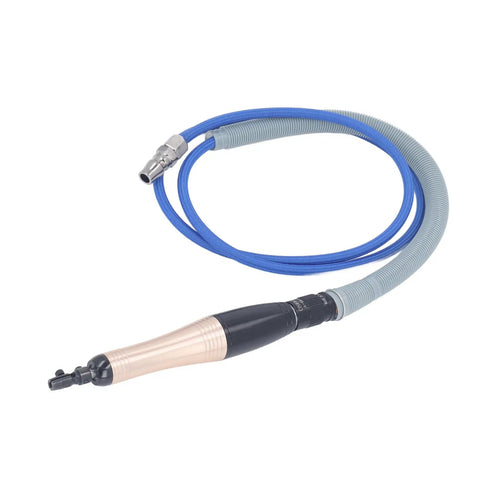 High Speed Pencil Die Grinder Air Tool Built Like A Tank At 23000 Rpm Featuring Tough Aluminum Alloy Body with blue hose.