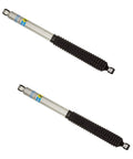 5100 Series Beefed Up Rear Shock Absorbers Pair For Ford F-150 2015 To 2024 With 0 To 1 Inch Rear Lift Fits 2021 To 2024 Models Without Continuously Controlled Damping Monotube Design For Fade Free Smooth Ride, silver and black monotube shocks with labels, angled view