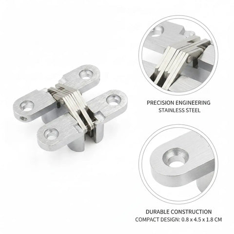 Stainless Steel Invisible Cross Hinge With Concealed Pivot for Hidden Doors and Cabinets, shown in precision detail view.