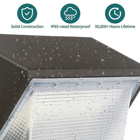 LED Wall Pack With Dusk to Dawn Photocell, 60W 7,800 Lumens, IP65 Waterproof Close-up with raindrops on surface
