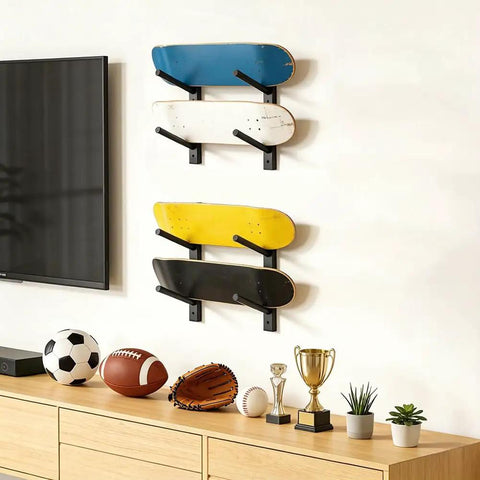 Heavy Duty Four Tier Skateboard Wall Mount Rack Adjustable Ski And Snowboard Holder, showcasing colorful skateboards mounted on wall.