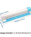 Adjustable 30 Hole Binding Punch for discbound notebooks with clear scale guide showing dimensions 14.6x2.6x2.4 inches.
